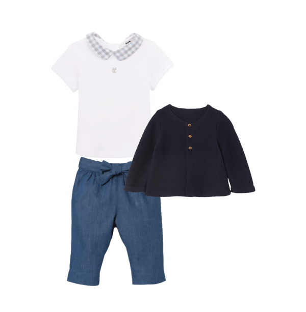 Guimpe cuello Claudine Azul Gris , Pantalon Denim Cinturón Nudo y Chaleco Tinta de Punto _ Cyrillus