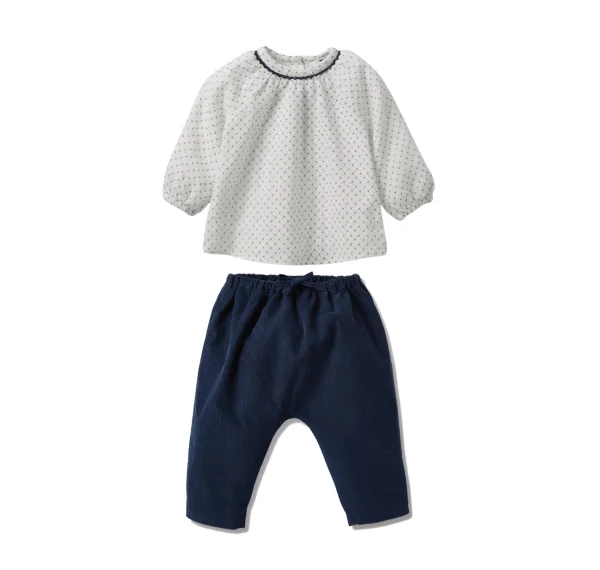 Guimpe doble gasa algodón blanco flores pequeñas azul oscuro y pantalon sarouel terciopelo tinta - Cyrillus