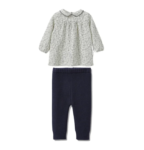 Blusa con cuello Claudine estampado de hojas y legging de punto de lana tinta - Cyrillus