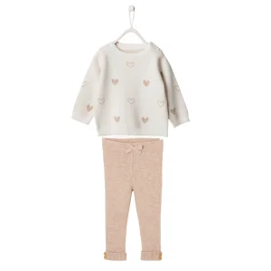 Sudadera Crudo Corazones Bordados Leggings Brillantes y Beige _ Vertbaudet
