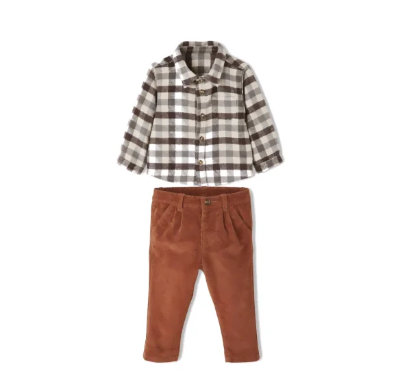 Conjunto camisa franela a cuadros y pantalones de terciopelo marrón - Vertbaudet