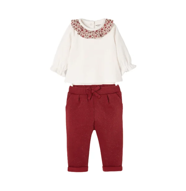 Bodie Camiseta marfil rojo burdeos cuello floral y pantalones de lana rojo oscuro _ Vertbaudet