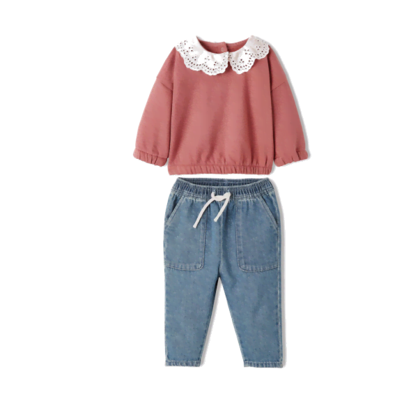 Sudadera de lana de palisandro cuello blanco bordado inglés y pantalones de mezclilla casual _ Vertbaudet