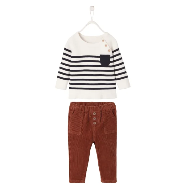 Suéter marinero marfil y pantalon de pana marrón - Vertbaudet