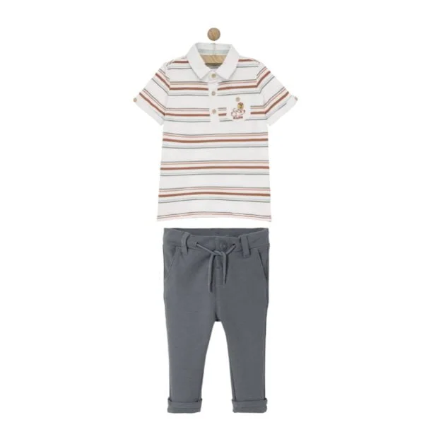 Pantalon verde oscuro y polo a rayas verde marrón cobra - Sergent Major / Vertbaudet